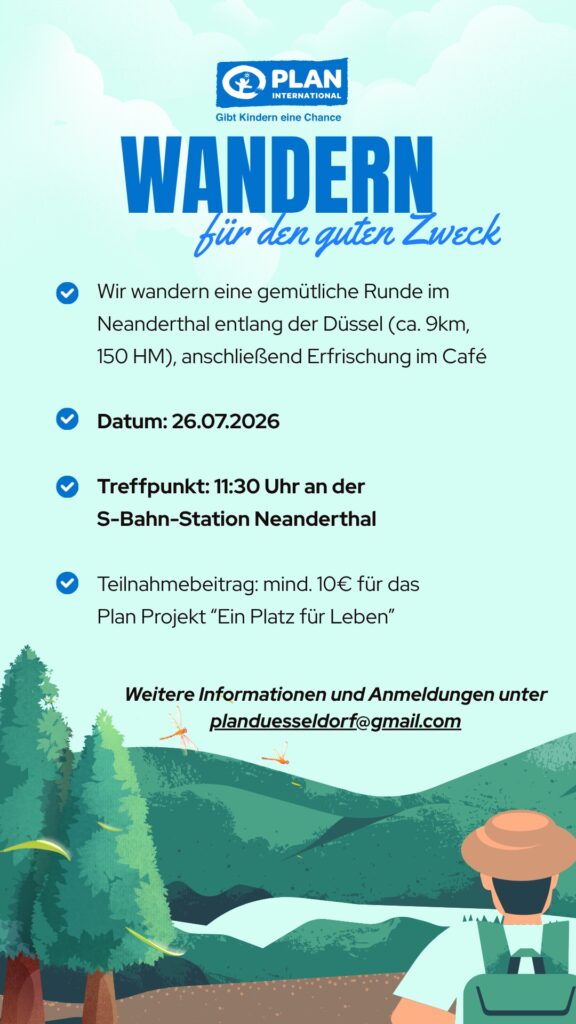 Plakat zur Ankündigung eines Benefizlaufs am 26.07.2026 über 9 km in Neandertal, Treffpunkt um 11:30 Uhr an der S-Bahn-Station Neandertal, mit einer Spende von 10 € zugunsten eines Projekts von Plan International; Informationen zur Anmeldung enthalten; illustriert mit Wanderschuhen.